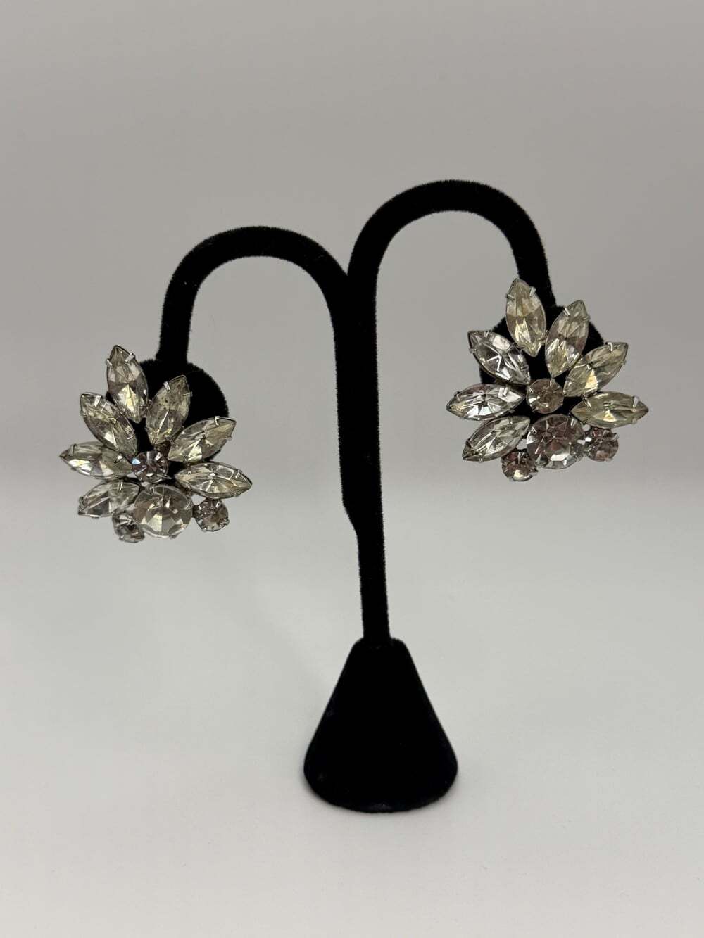 Vintage Thelma Deutsch Rhinestone Floral Clip-On Earrings, 1980s Crystal Stateme